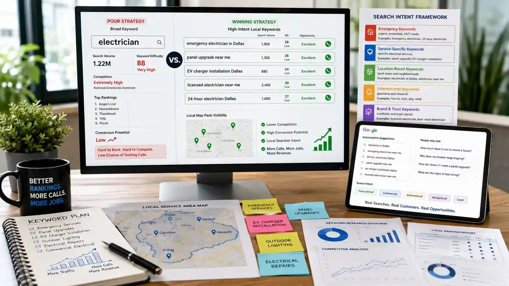Keyword research dashboard for electricians showing local SEO strategy on desk