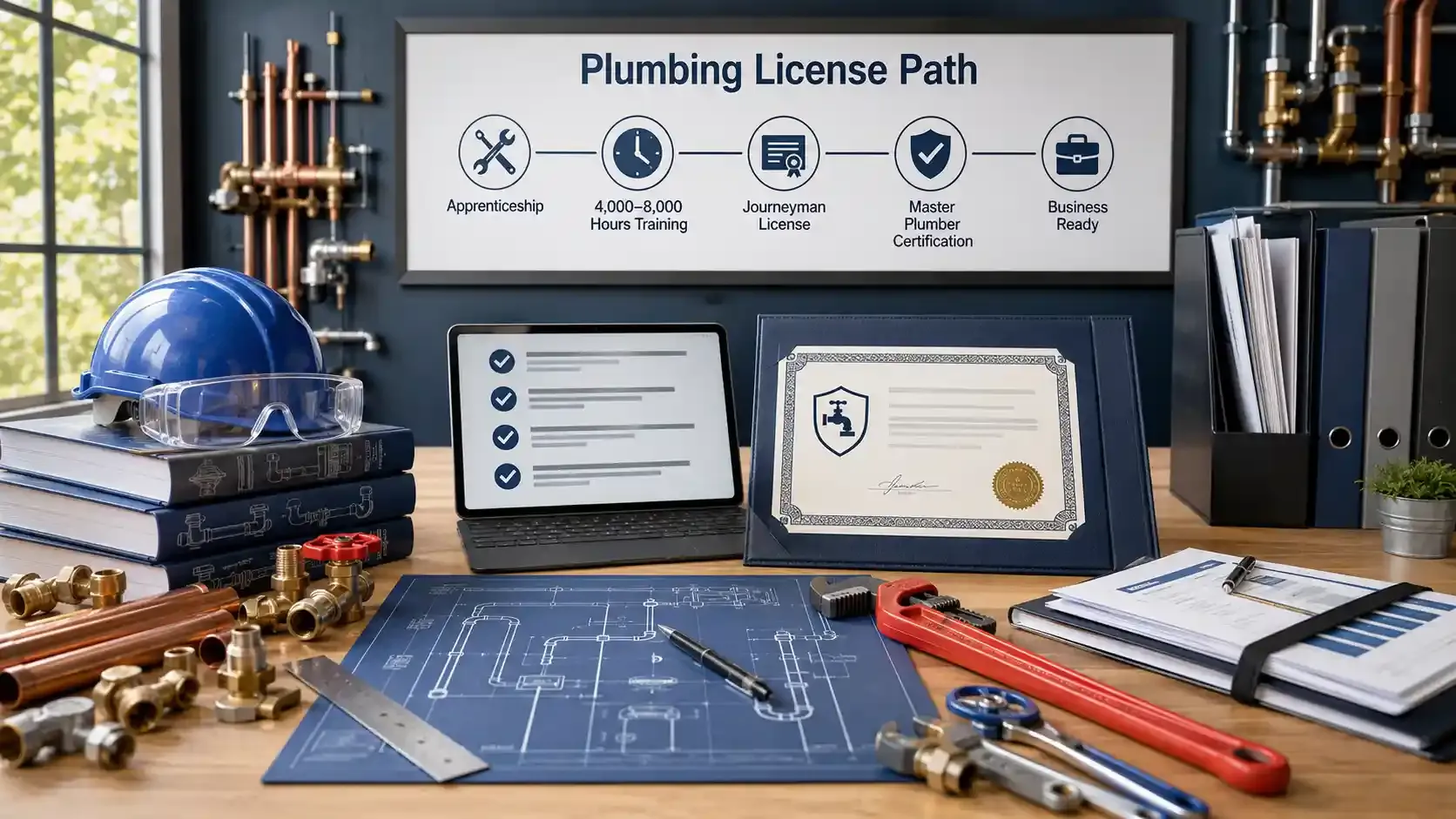 Plumbing license path with tools, certifications, and business setup desk 