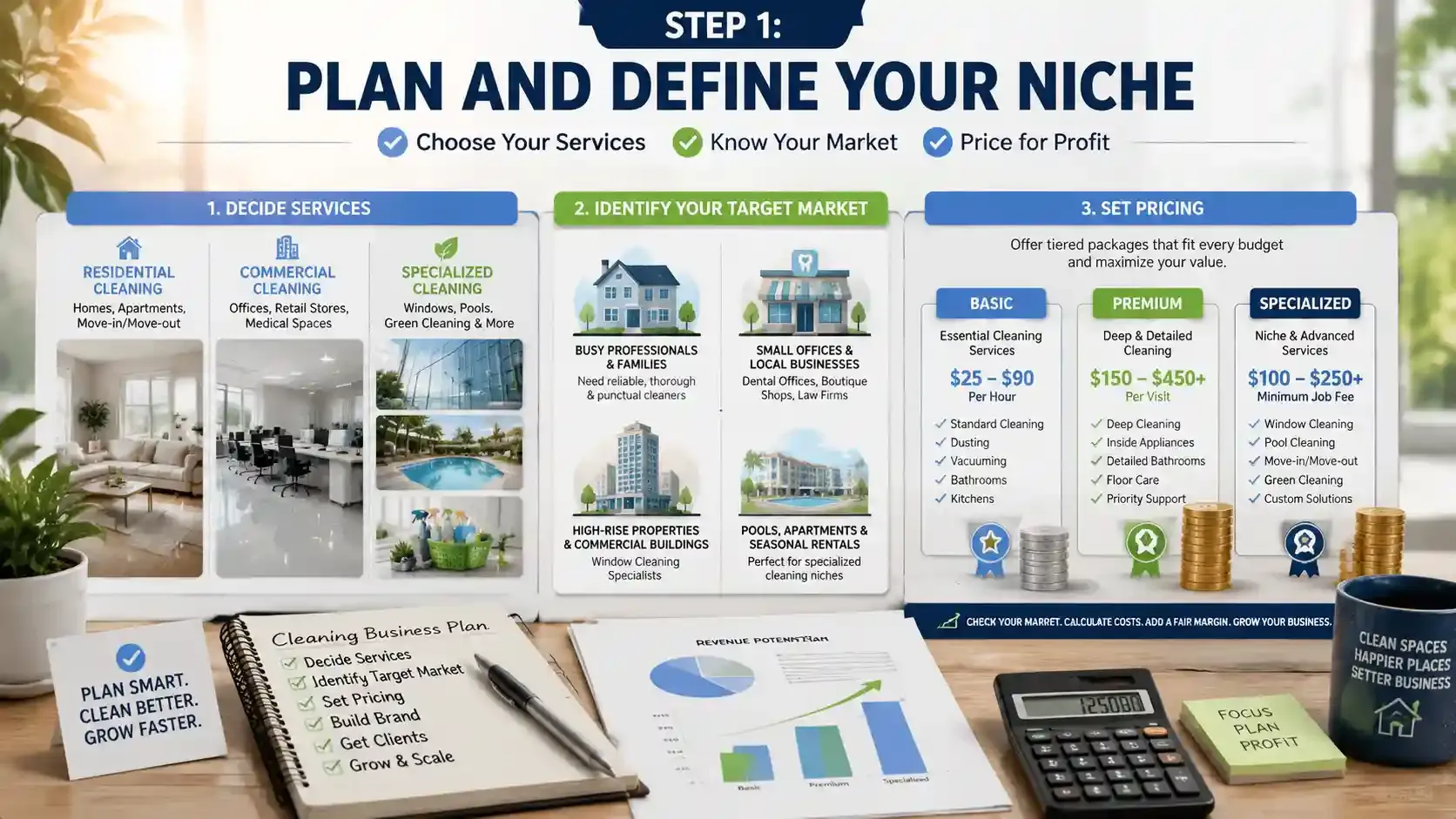 Infographic showing cleaning business planning: services, target market, pricing.