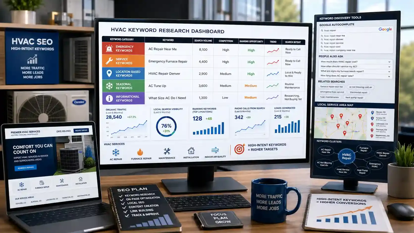 HVAC SEO dashboard showing keyword research, local rankings, and growth metrics