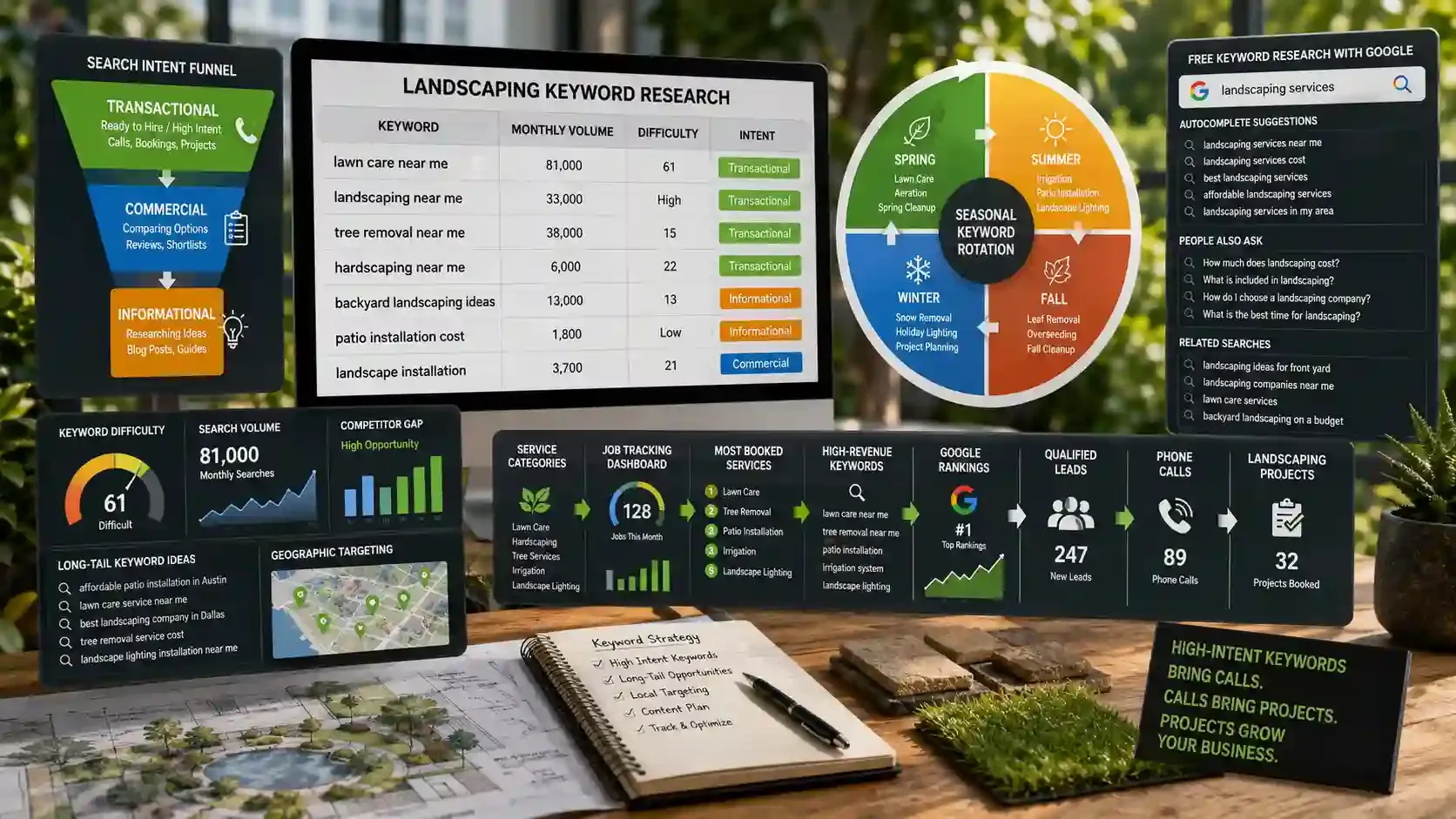 Landscaping SEO dashboard tracking keywords, leads, rankings, and growth.