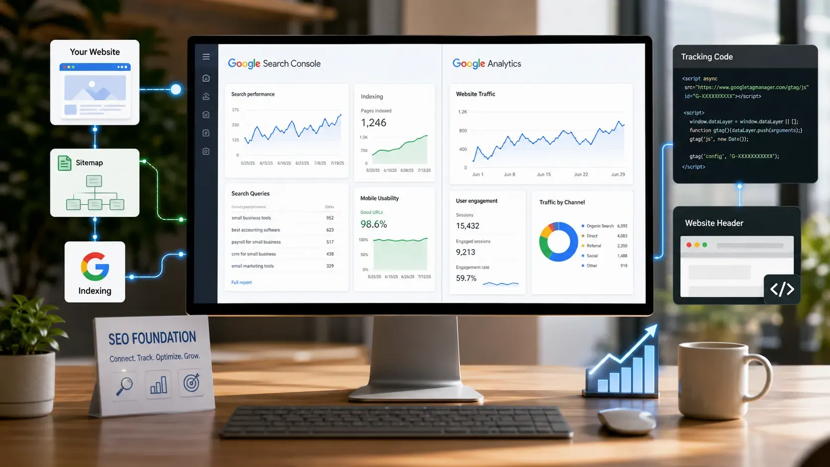 SEO dashboard showing Google Search Console and Analytics setup data tracking website performance.