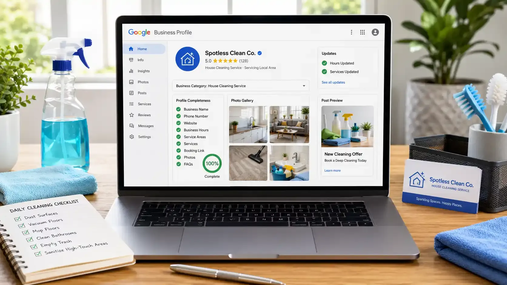 Cleaning company Google Business Profile dashboard on laptop