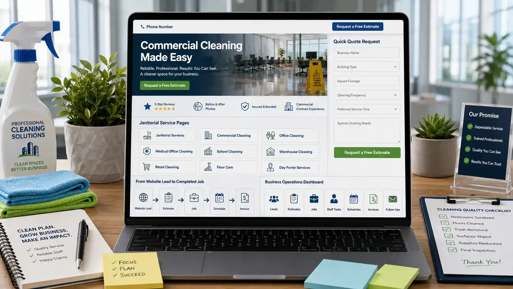 Janitorial website design with quick estimate request form