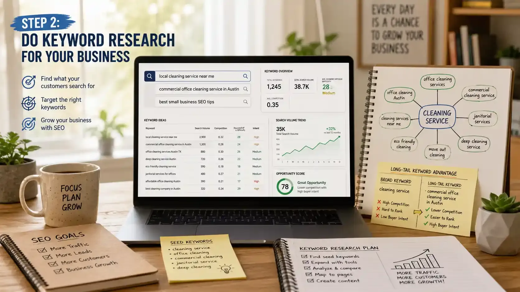 Keyword research dashboard showing SEO keywords, search data, and strategy planning.