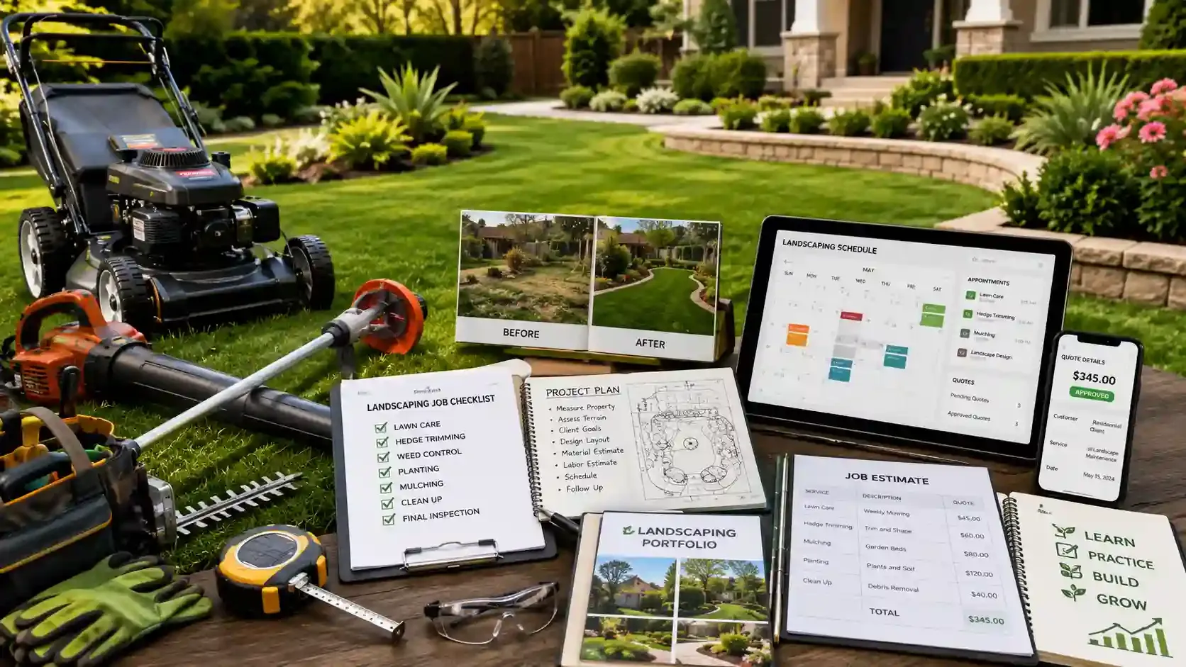 Landscaping tools, plans, and portfolio setup for starting a business.