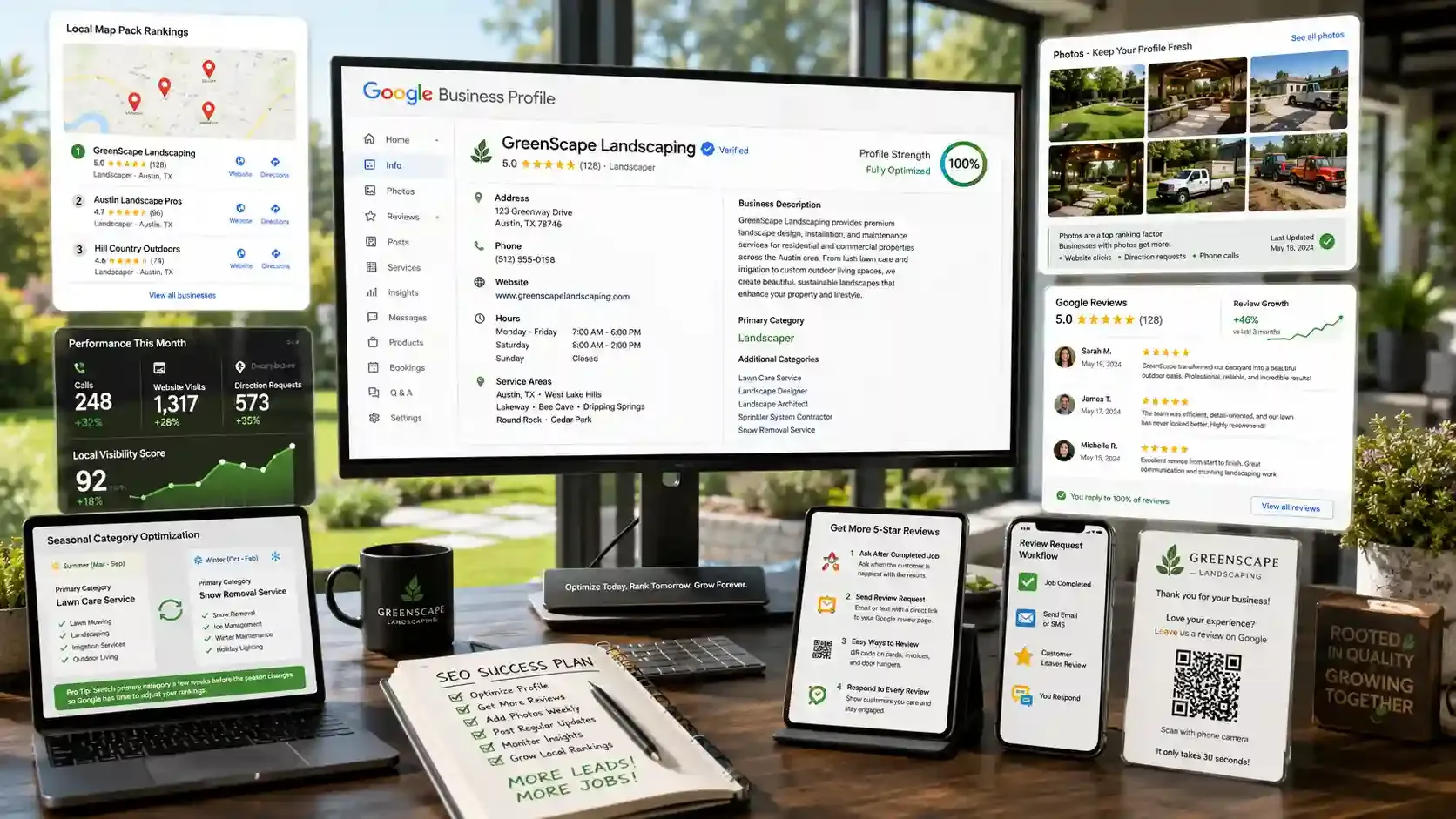 Optimized Google Business Profile dashboard for landscaping SEO success.