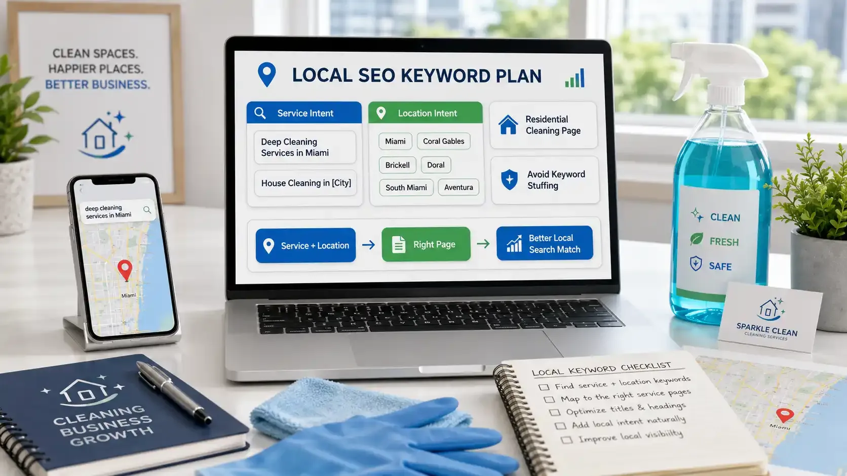 Cleaning business local SEO keyword planning on a laptop