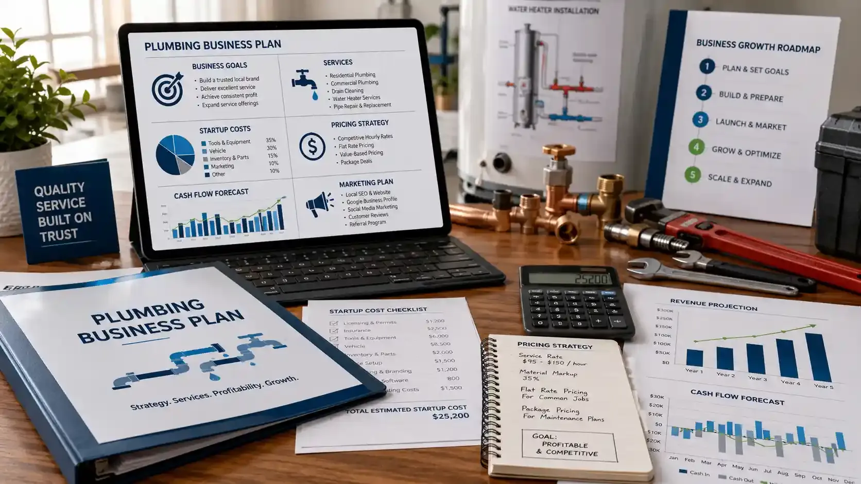 Plumbing business plan workspace with startup costs, pricing, and growth charts