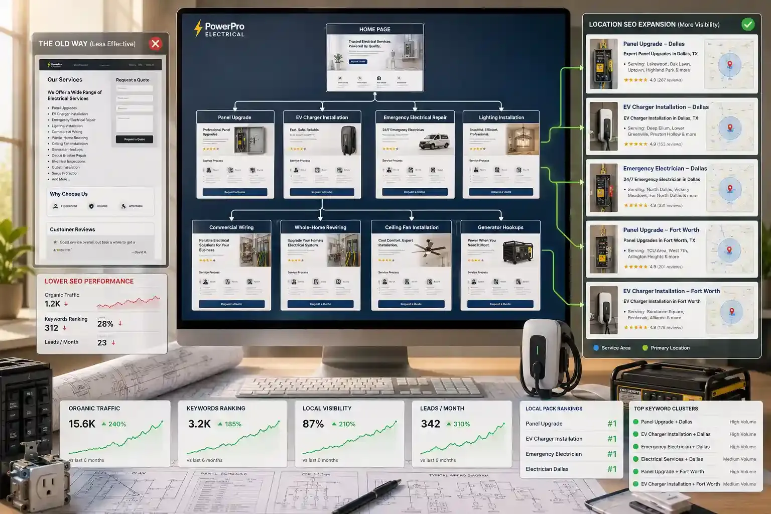 Electrician SEO dashboard showing service and location page structure.