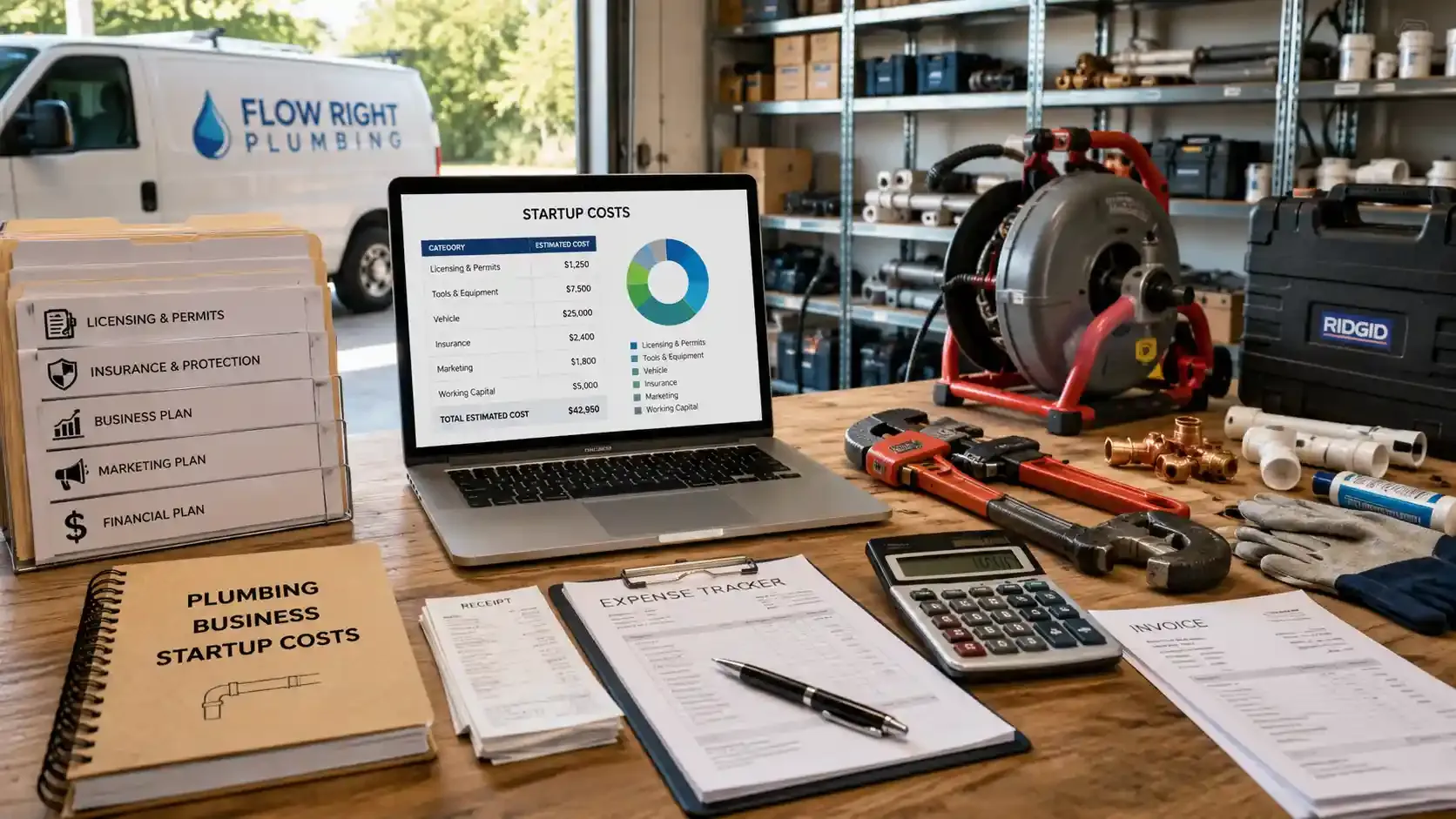 Plumbing startup cost planning desk with tools, budget sheets, and van.