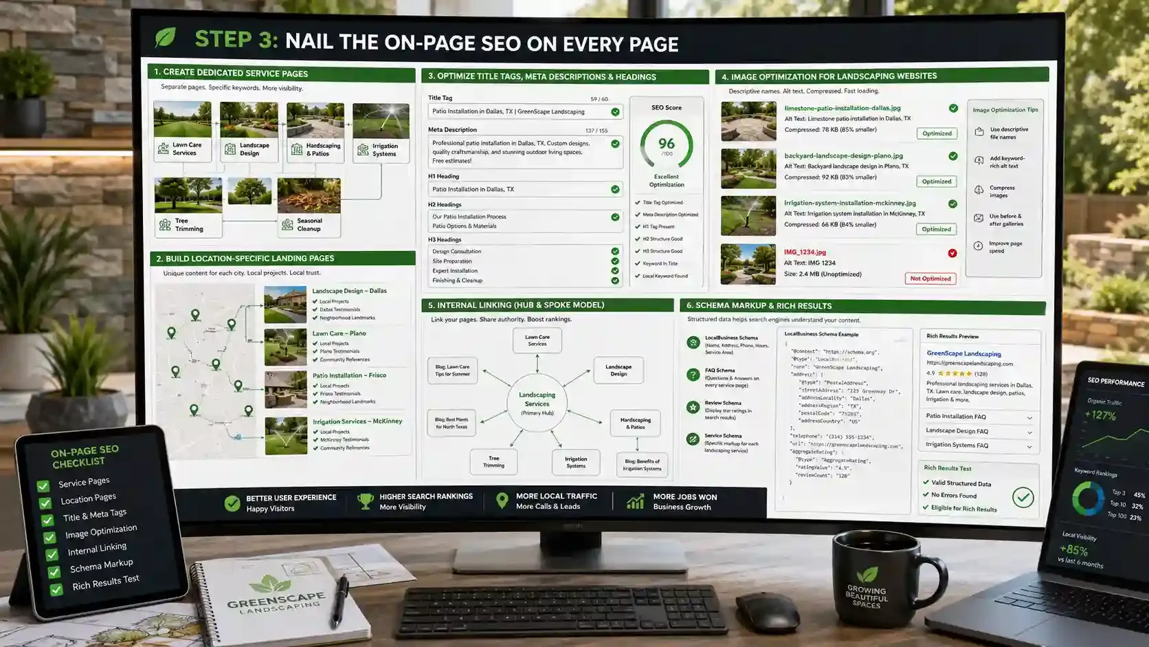 On-page SEO dashboard for landscaper service pages, local SEO, and schema markup