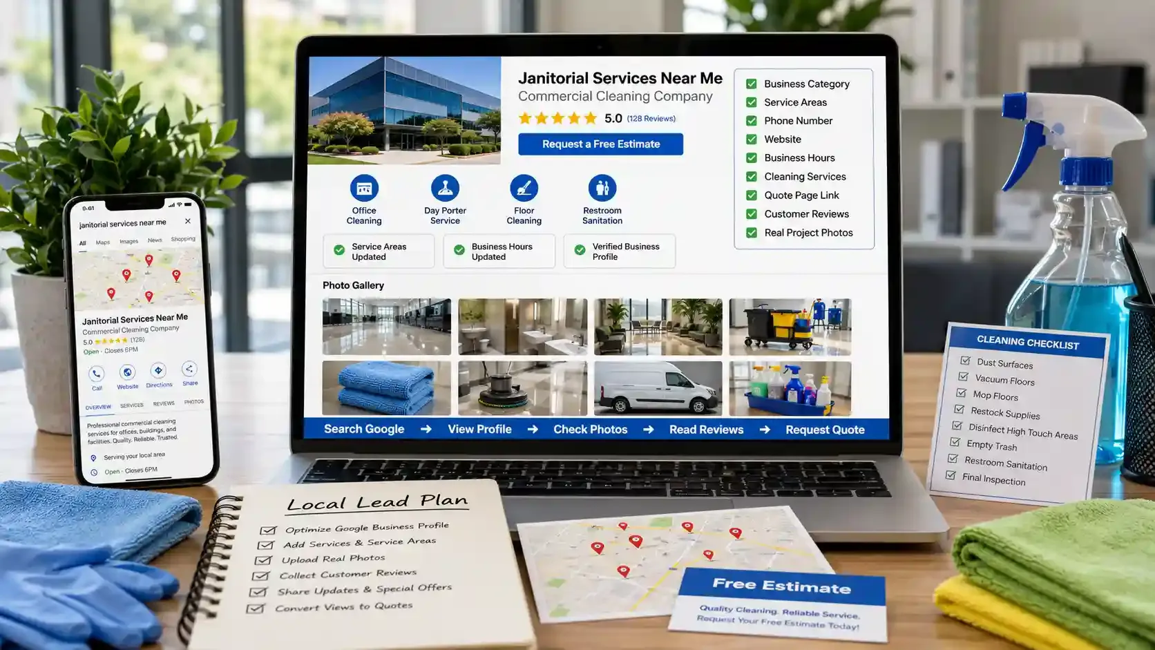 Janitorial Google Business Profile dashboard with cleaning supplies