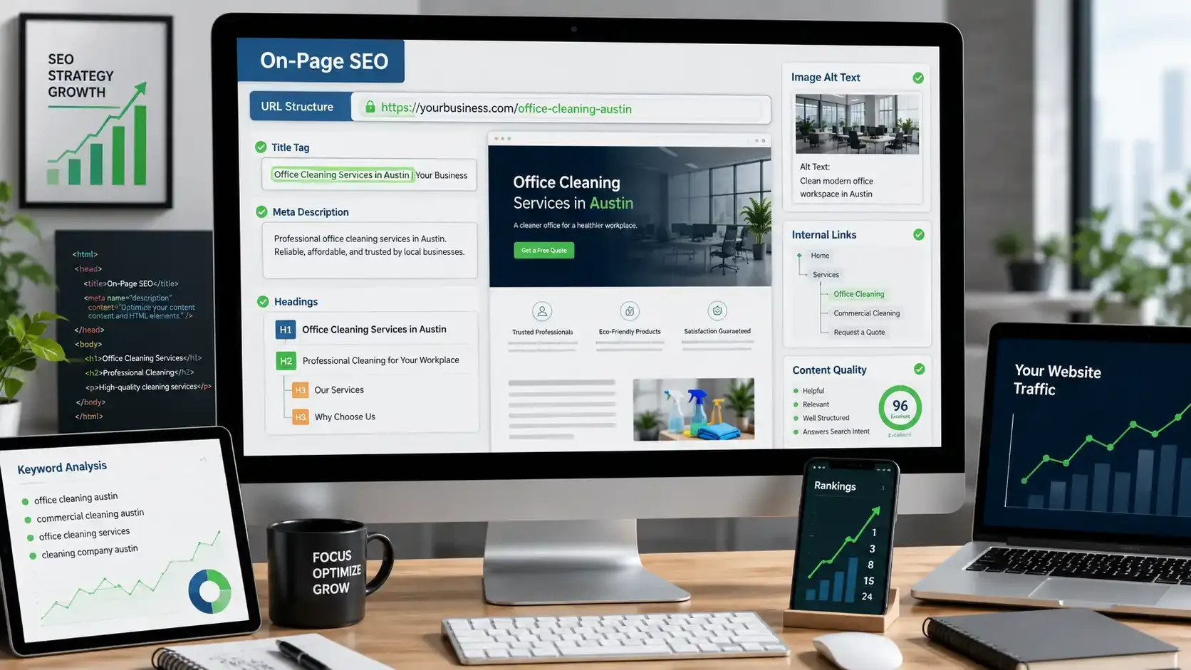 On-page SEO dashboard showing website optimization elements and growth analytics