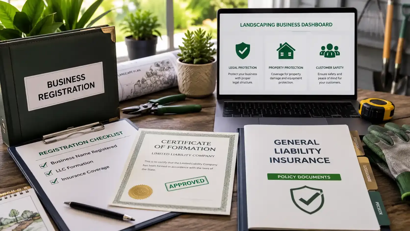 Landscaping business registration documents and insurance setup workspace.