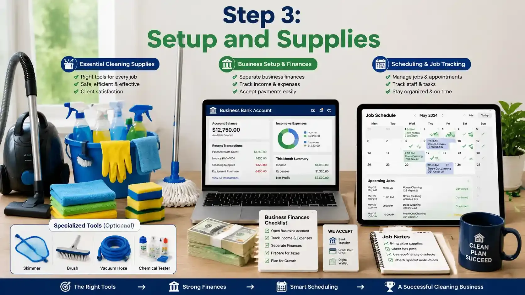 Organized cleaning supplies, finances, and scheduling for a cleaning biz.