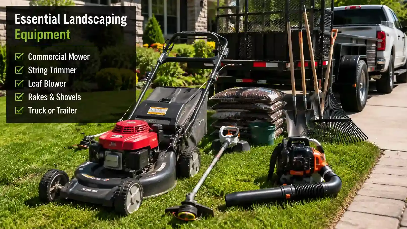 Landscaping tools including mower, trimmer, blower, and trailer setup.