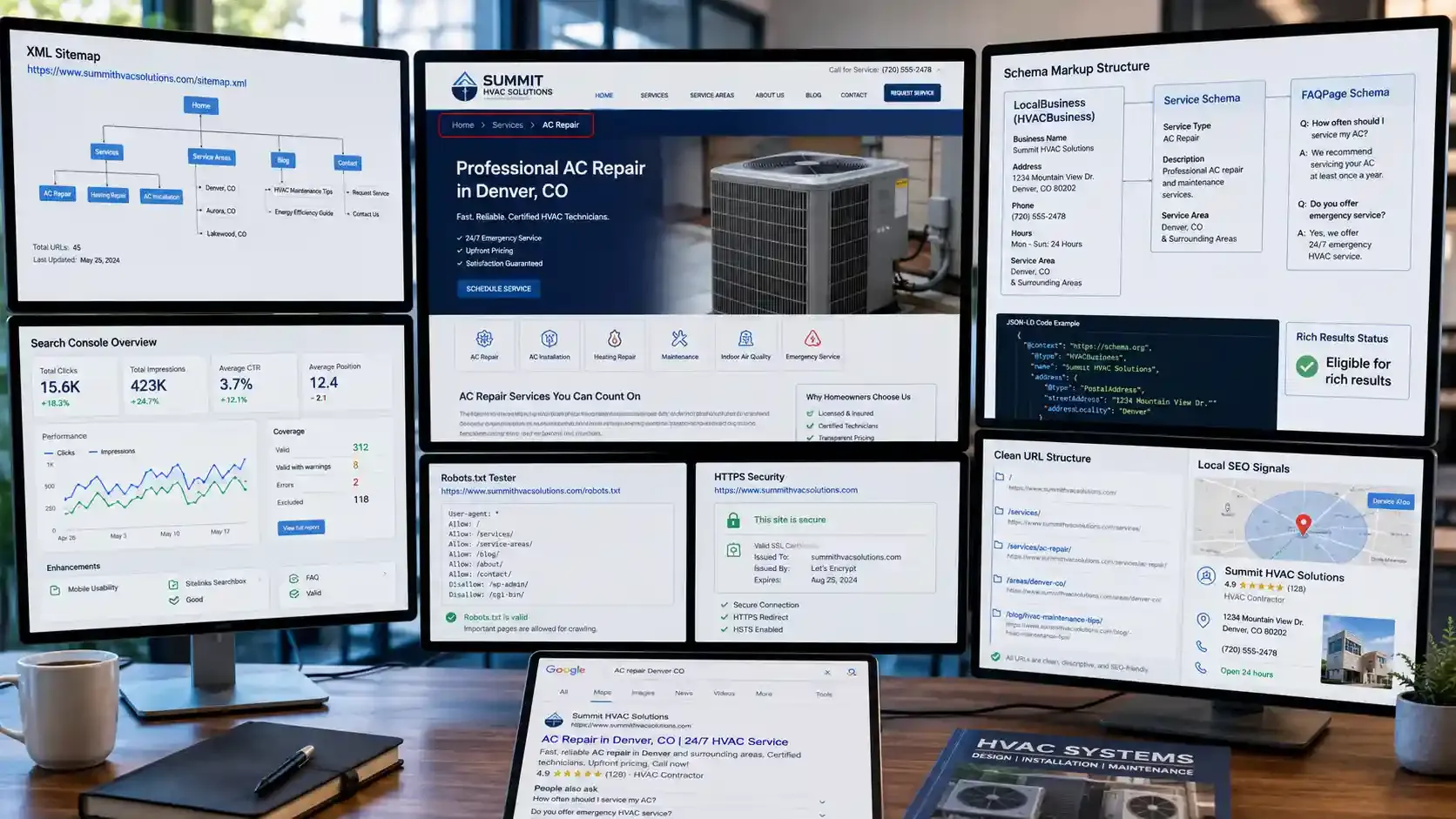 Technical HVAC SEO dashboard showing website optimization and local SEO setup