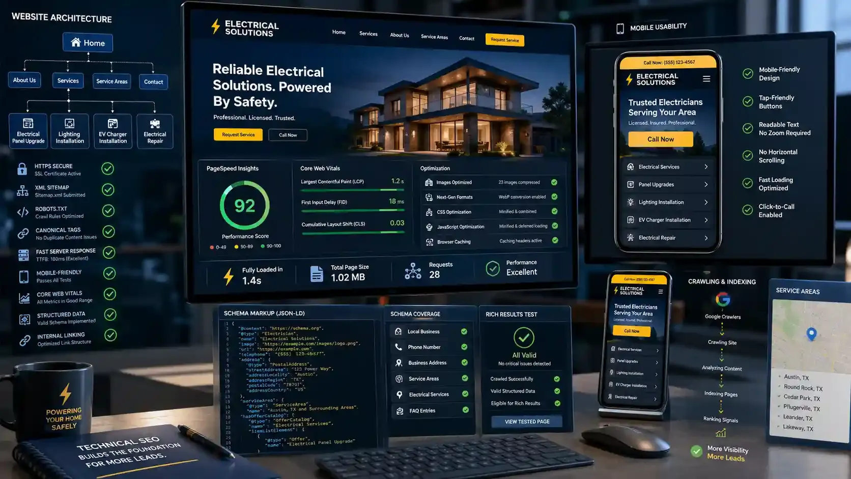Electrician technical SEO dashboard with speed, mobile, schema optimization
