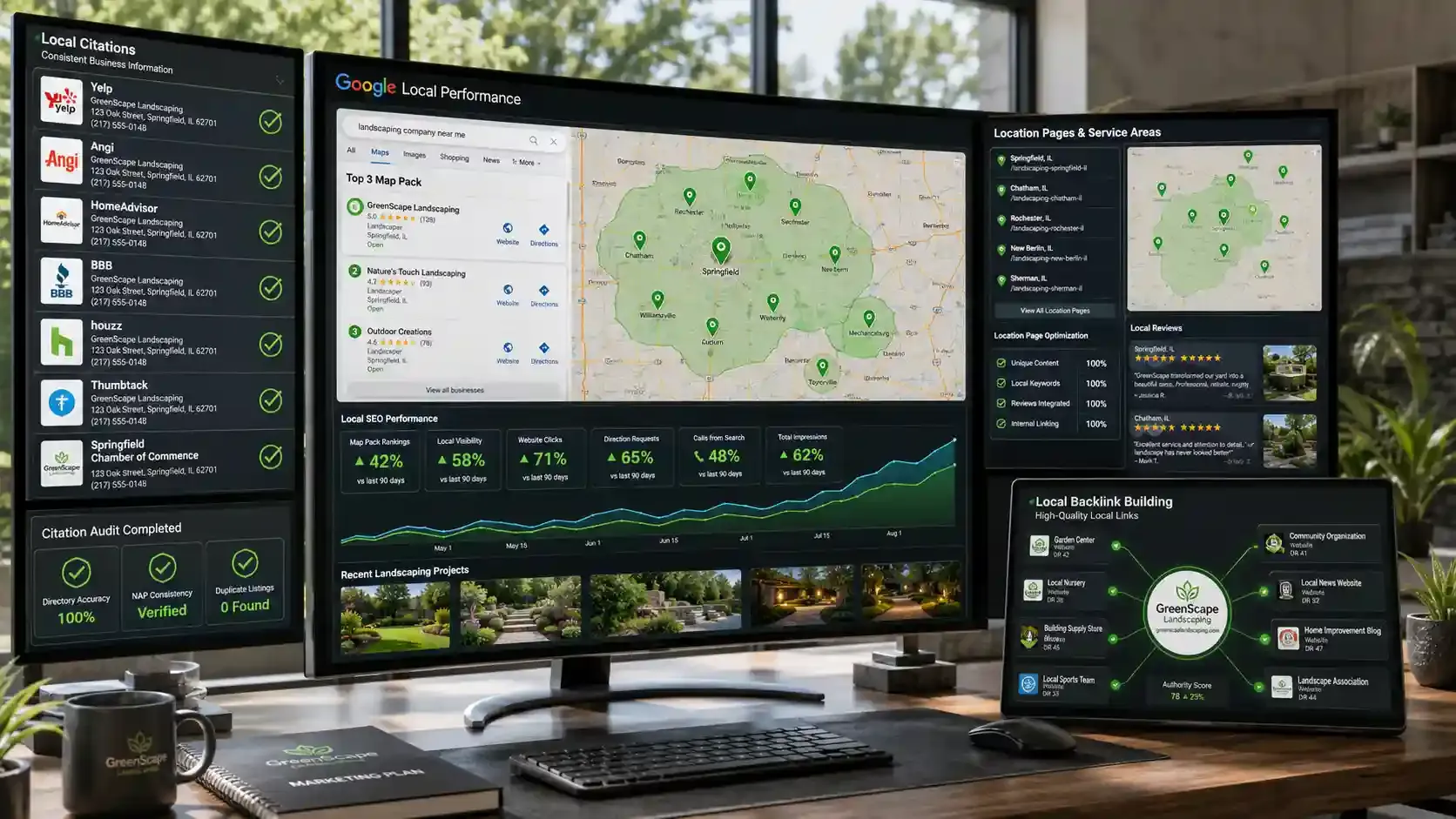 Local SEO dashboard boosting landscaping map pack rankings and visibility.