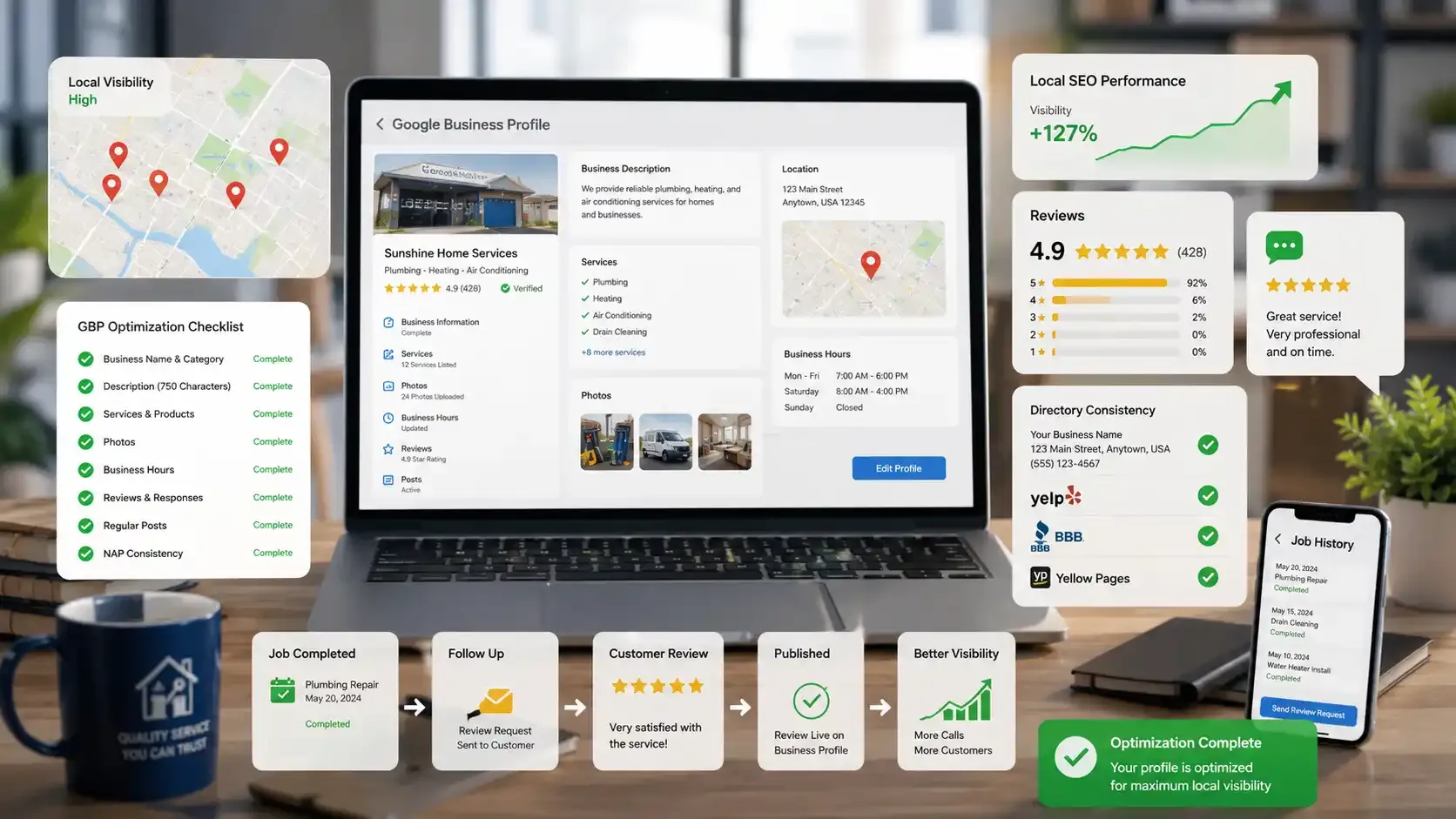 Google Business Profile optimization dashboard improving local SEO visibility