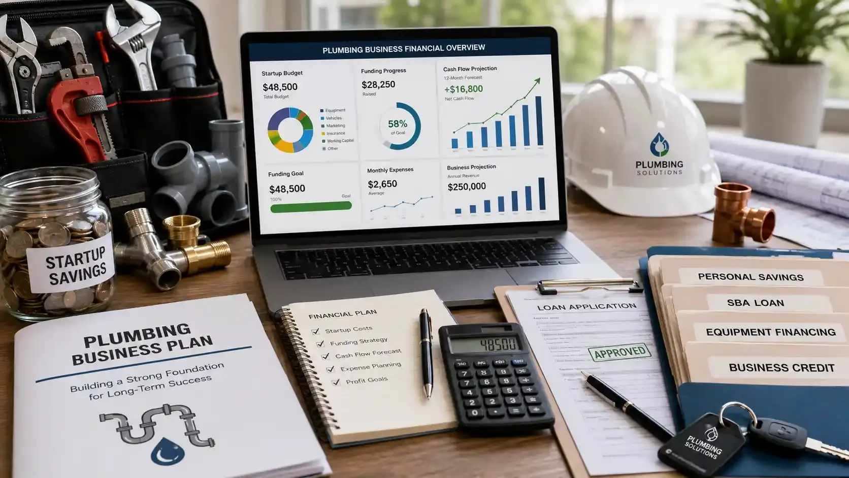 Plumbing startup financing plan with savings, loans, and tools 