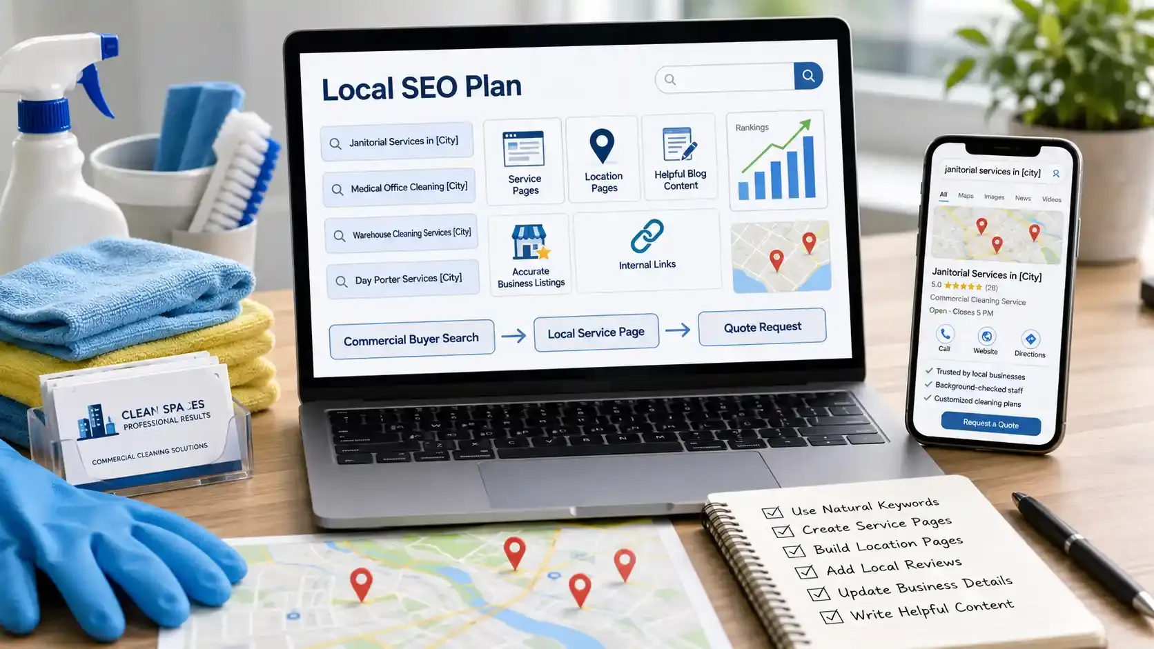 Janitorial local SEO dashboard with cleaning supplies