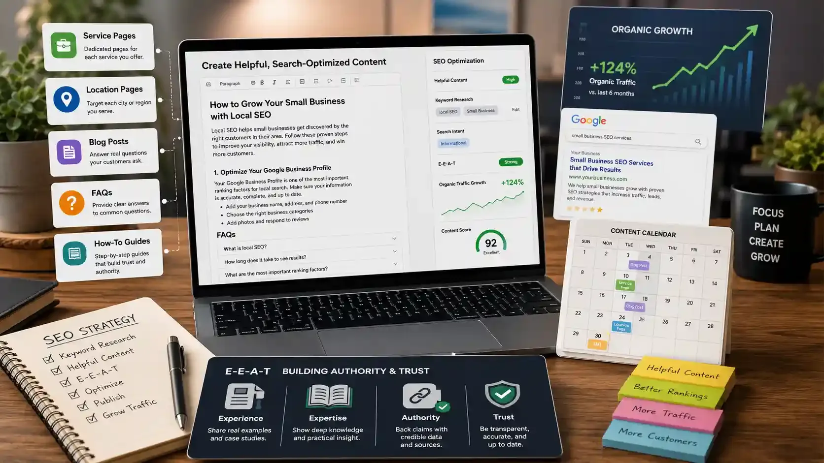 SEO content strategy workspace showing optimized articles and organic growth