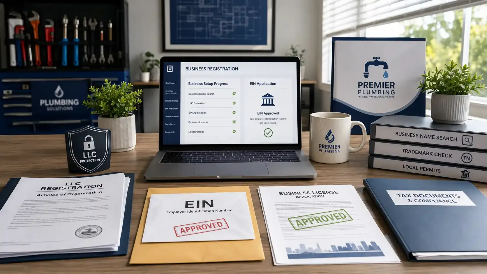 Plumbing business registration workspace with EIN, LLC, and license documents