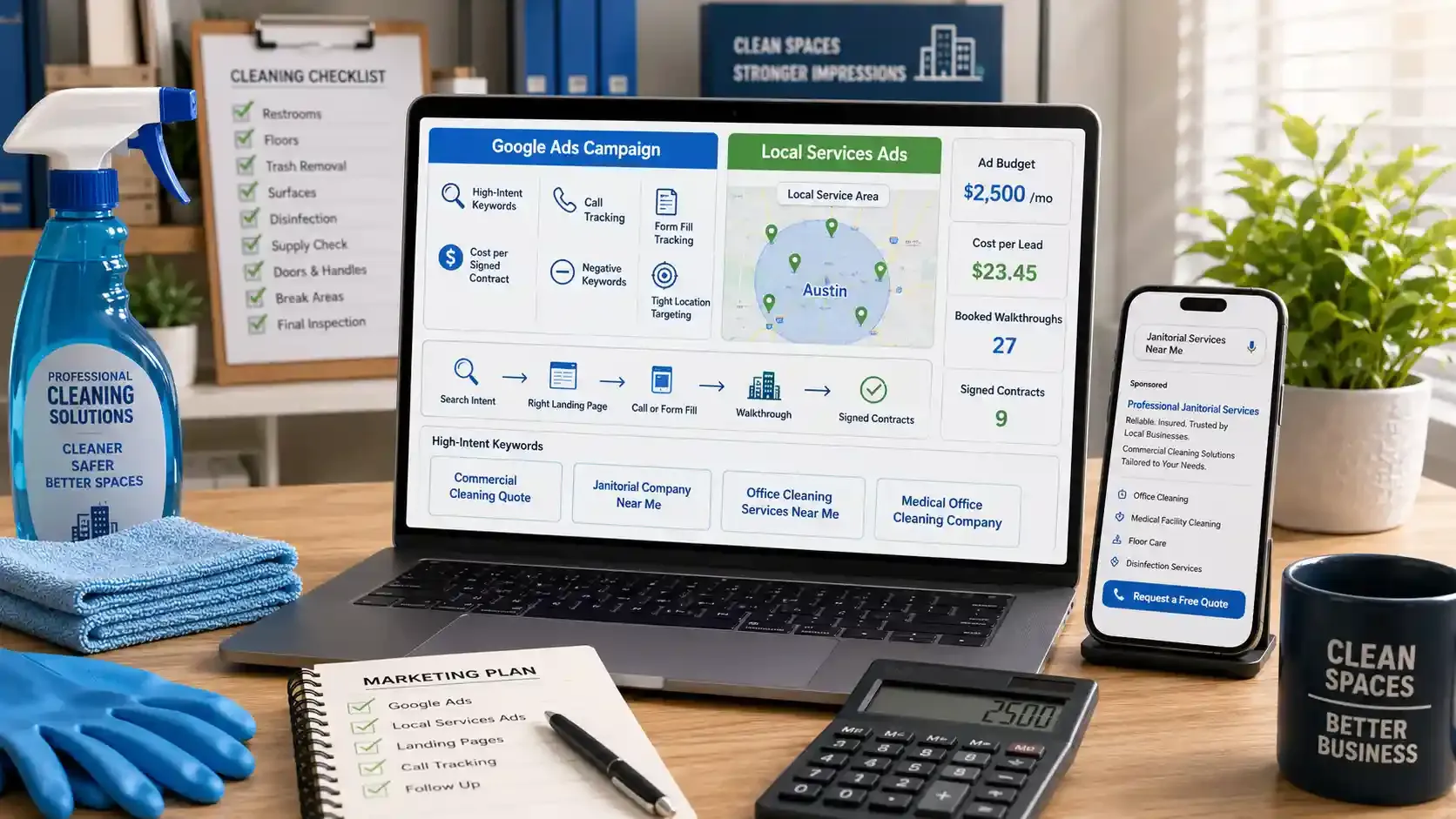 Janitorial ads dashboard with cleaning tools on office desk