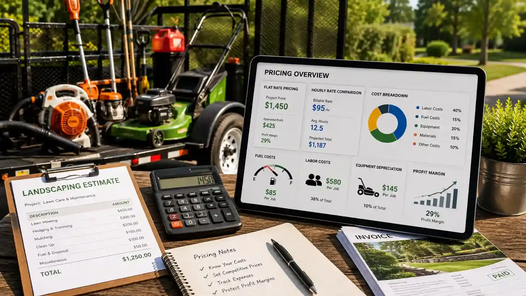 Landscaping pricing dashboard with tools, estimates, and profit calculations.