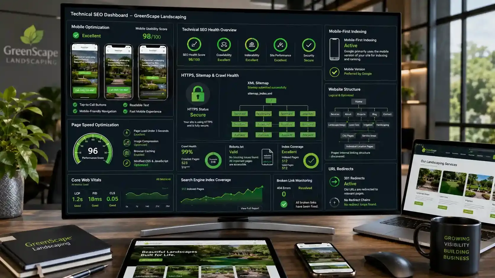 Technical SEO dashboard for landscaping website speed and crawl health