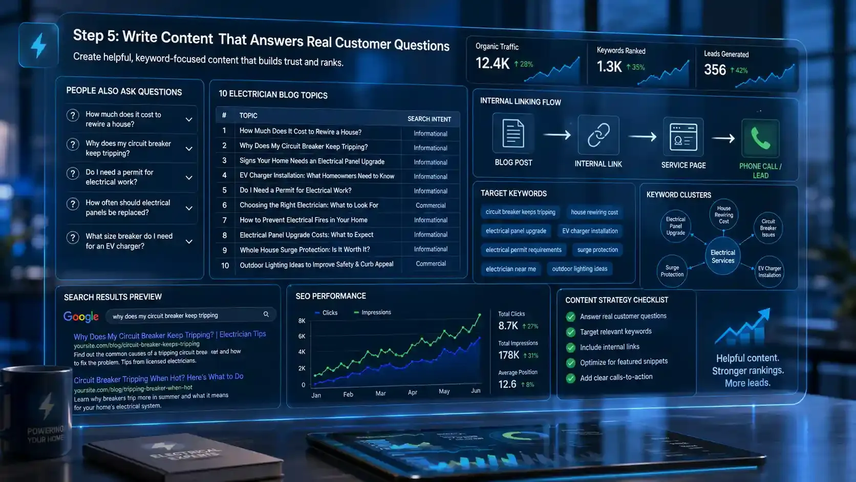 SEO content strategy dashboard with electrician blog topics and keyword flow.