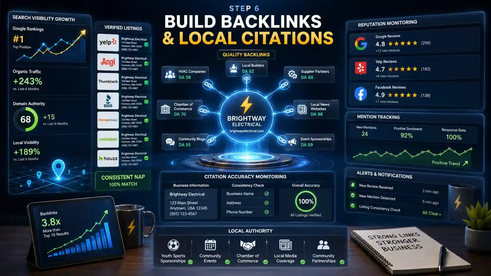 SEO dashboard showing backlinks, citations, reviews, and ranking growth.
