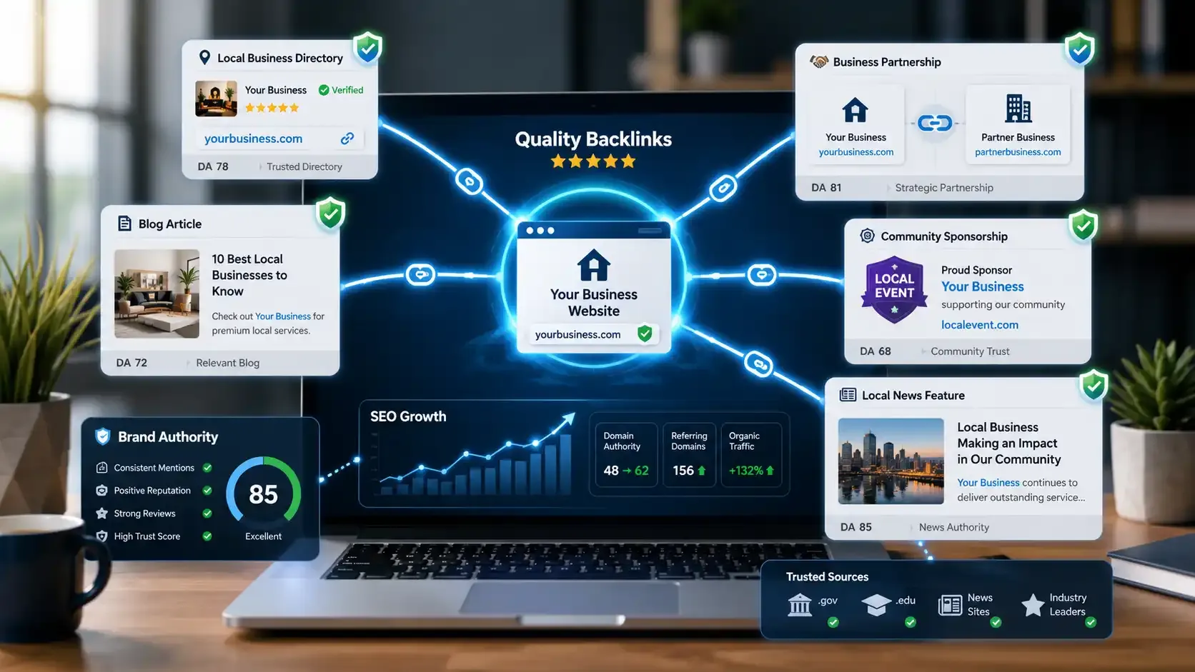 Premium SEO dashboard showing quality backlinks boosting business authority.