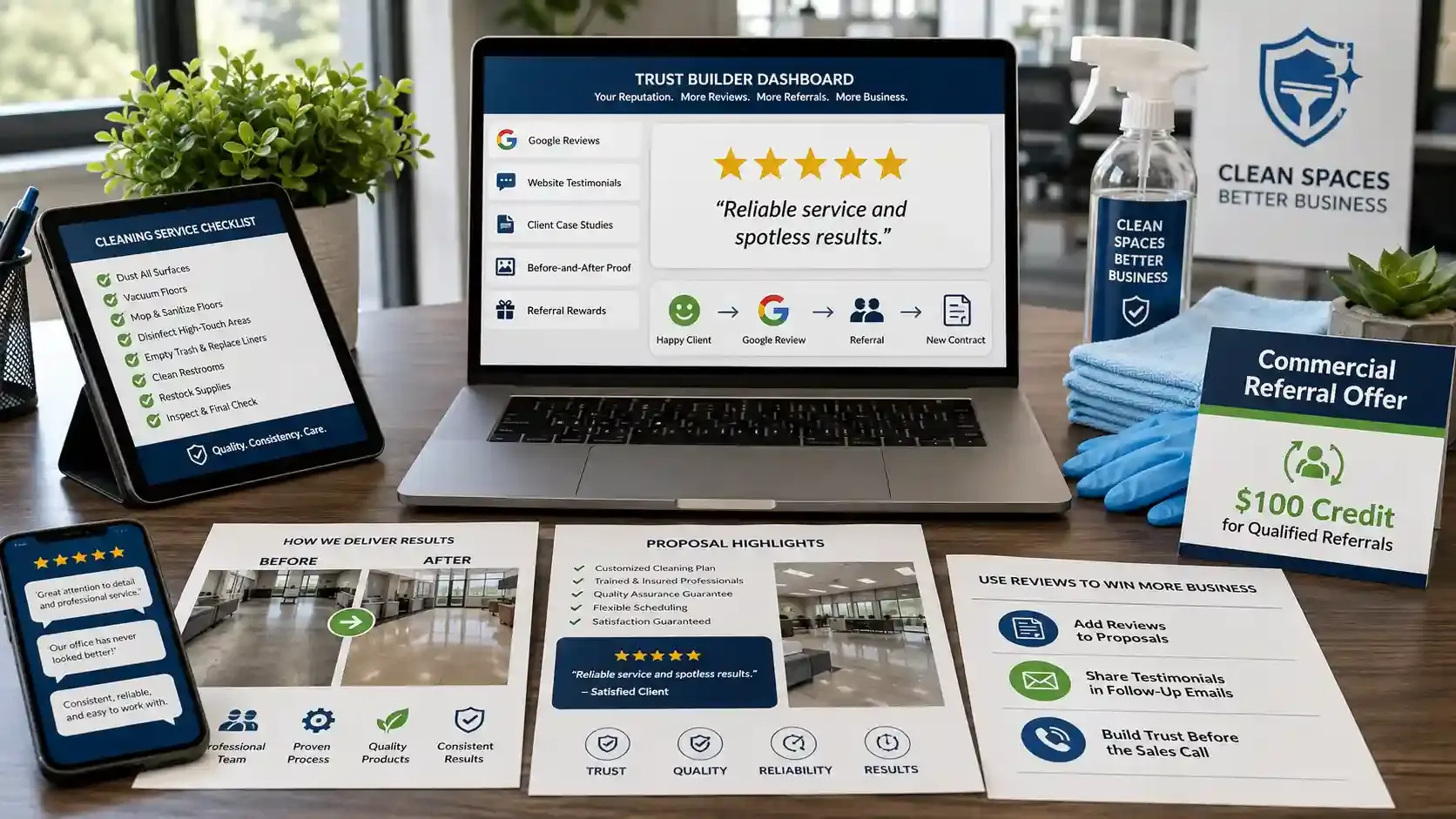 Janitorial trust-building workspace with reviews, referrals, and proposals