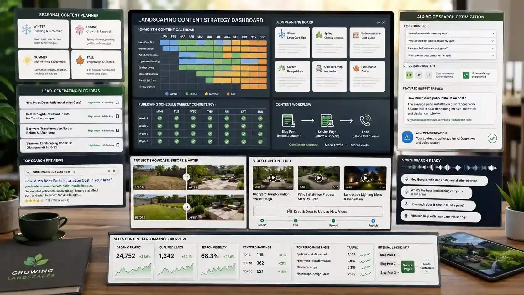 Landscaping content marketing dashboard with SEO calendar and lead strategy