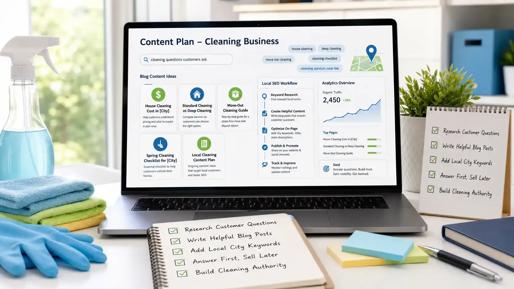 Cleaning business content planning dashboard for local SEO blog ideas
