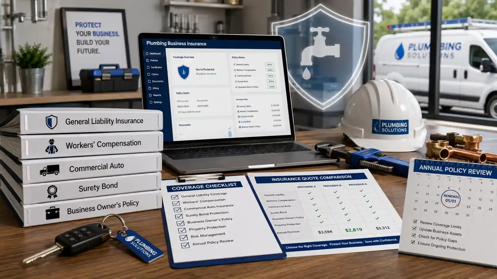 Plumbing business insurance setup with coverage documents and tools 