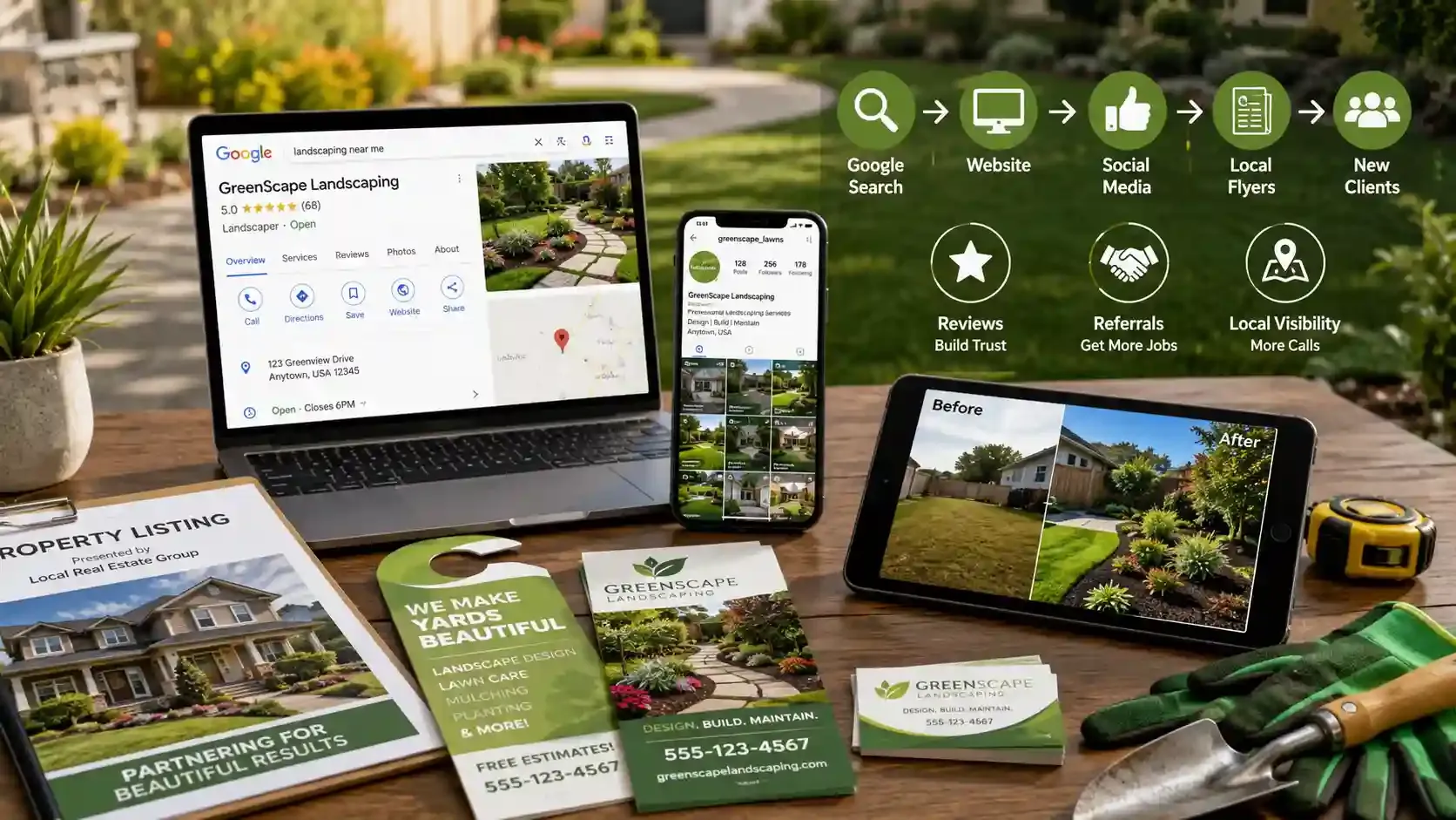 Marketing setup with website, social media, flyers, and landscaping client tools.