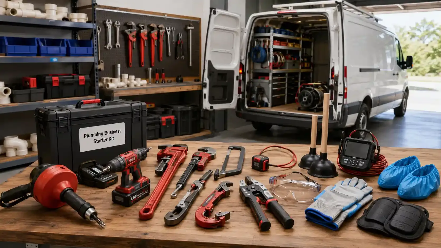 Organized plumbing starter kit with service van in modern garage workshop