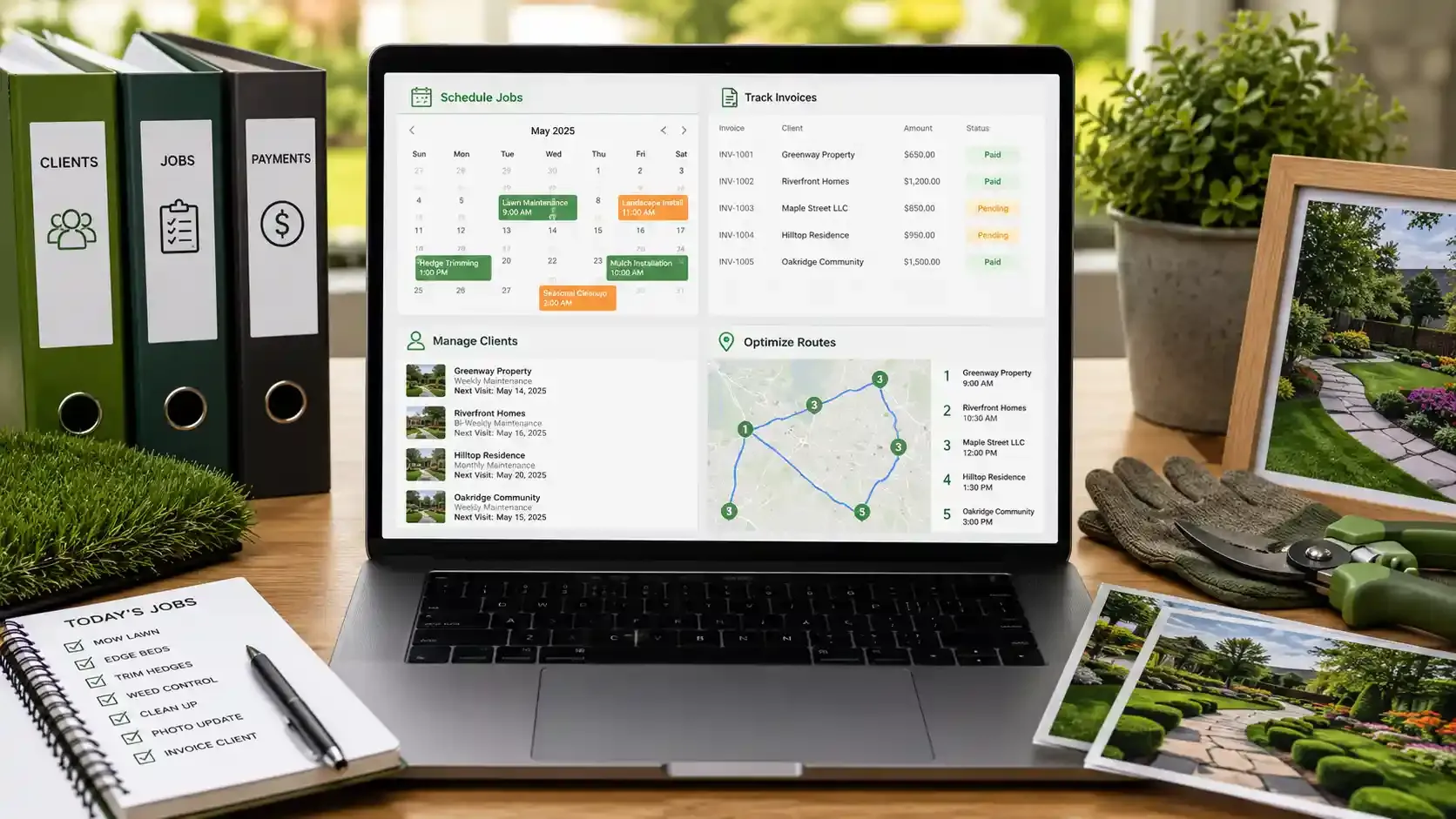 Landscaping business dashboard showing scheduling, invoices, clients, and routes.