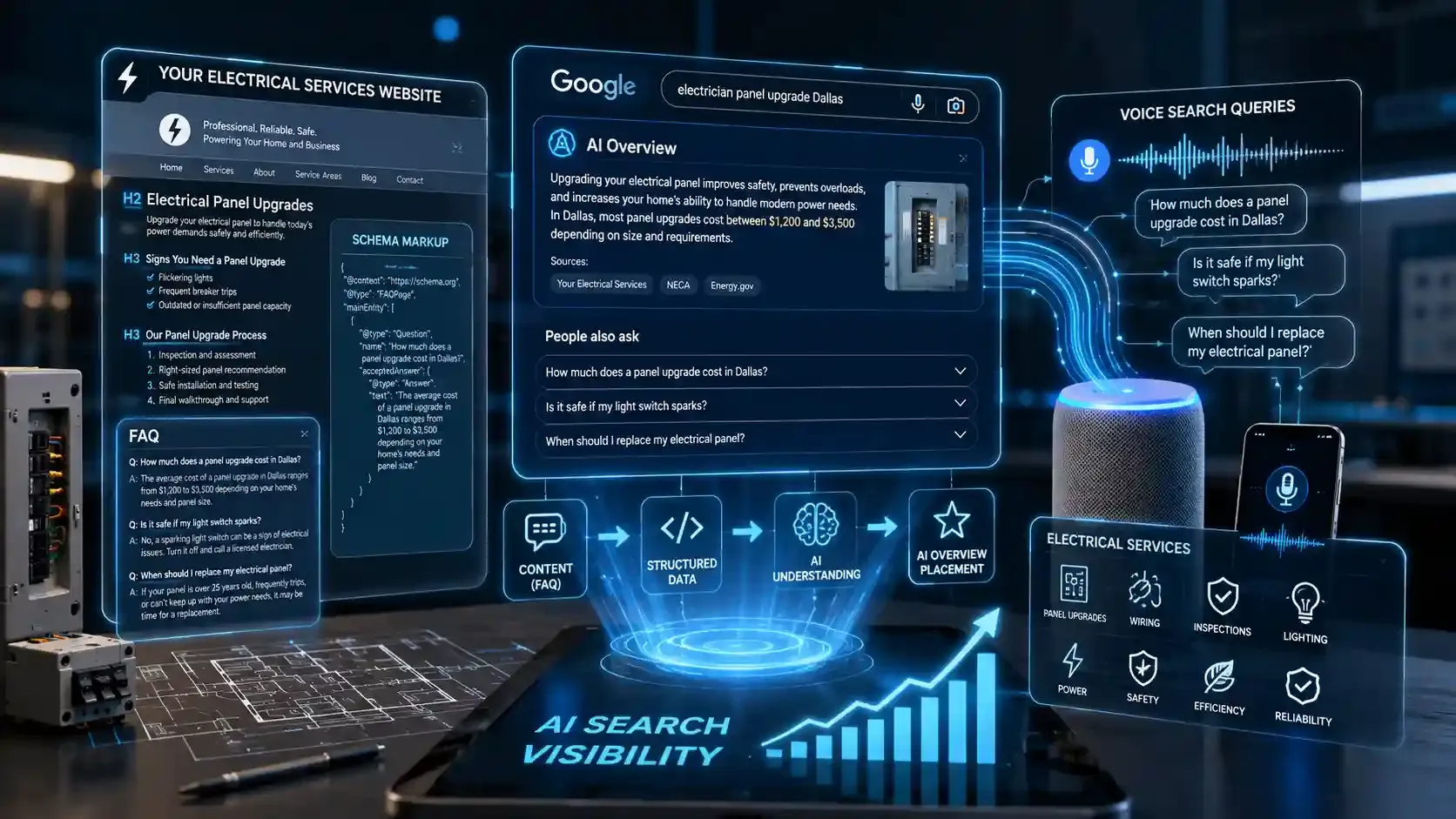 AI and voice search SEO dashboard highlighting electrician website visibility.