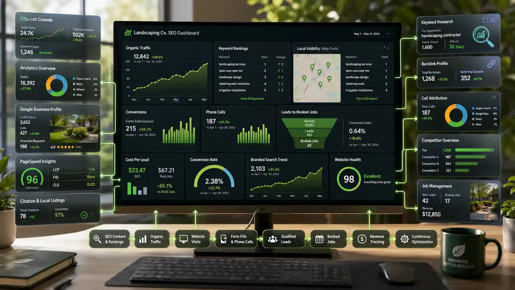 SEO analytics dashboard for landscaping showing traffic, leads, KPI graphs