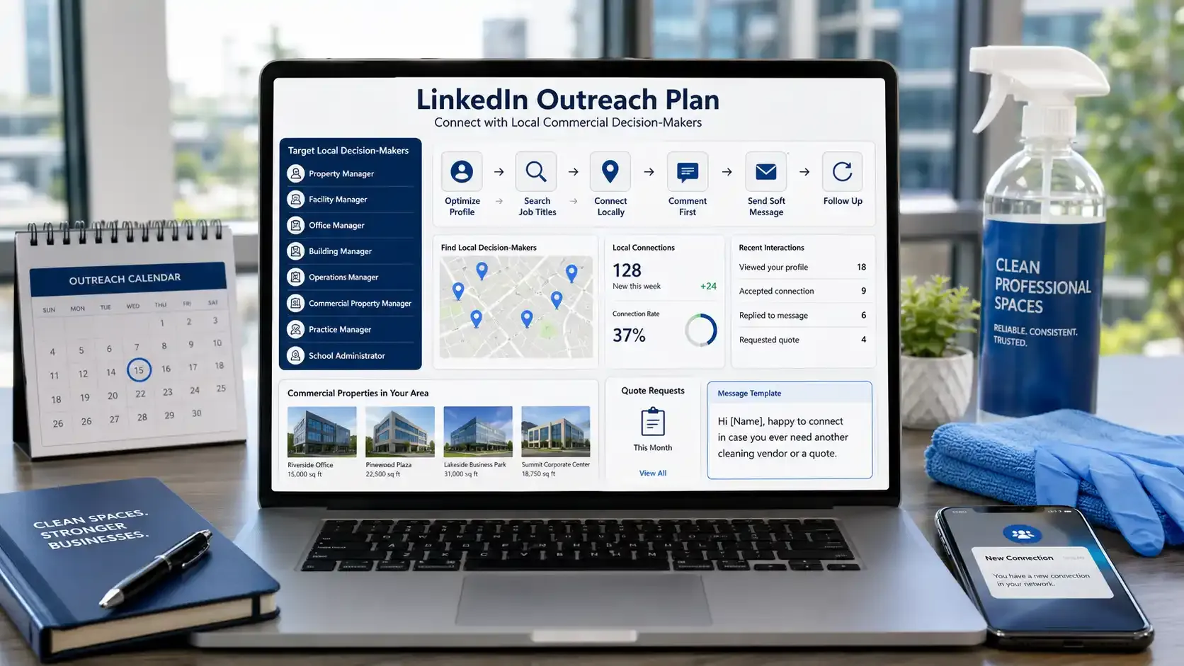 LinkedIn outreach dashboard for janitorial business marketing