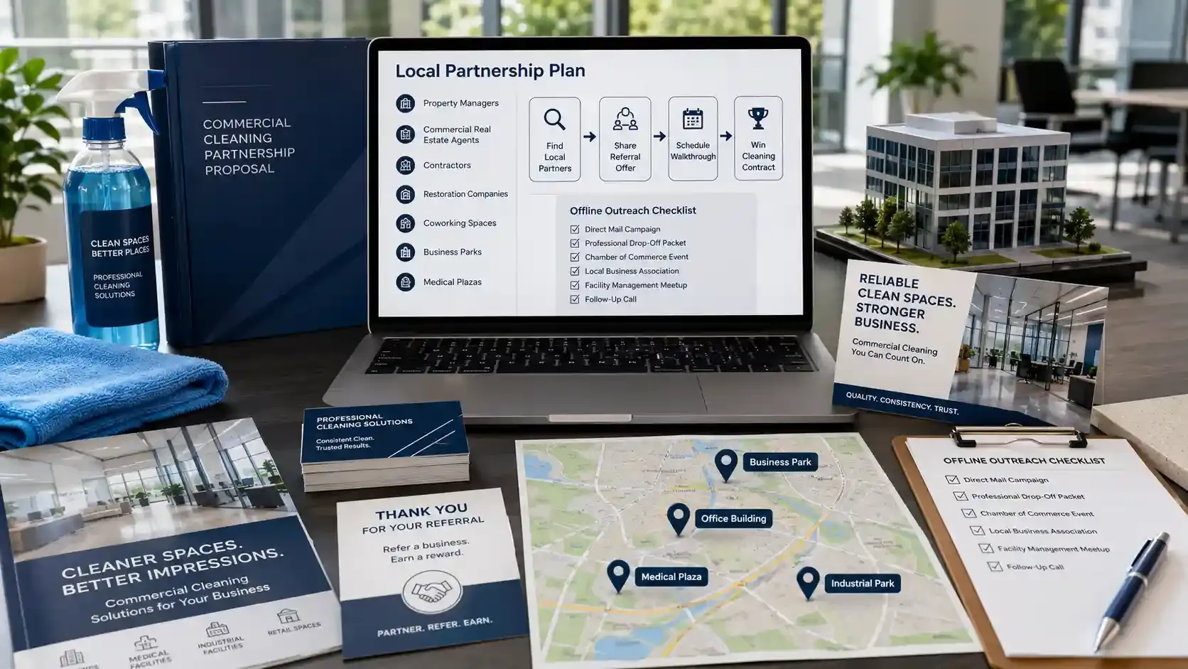 Janitorial outreach desk with local partnership plan and map