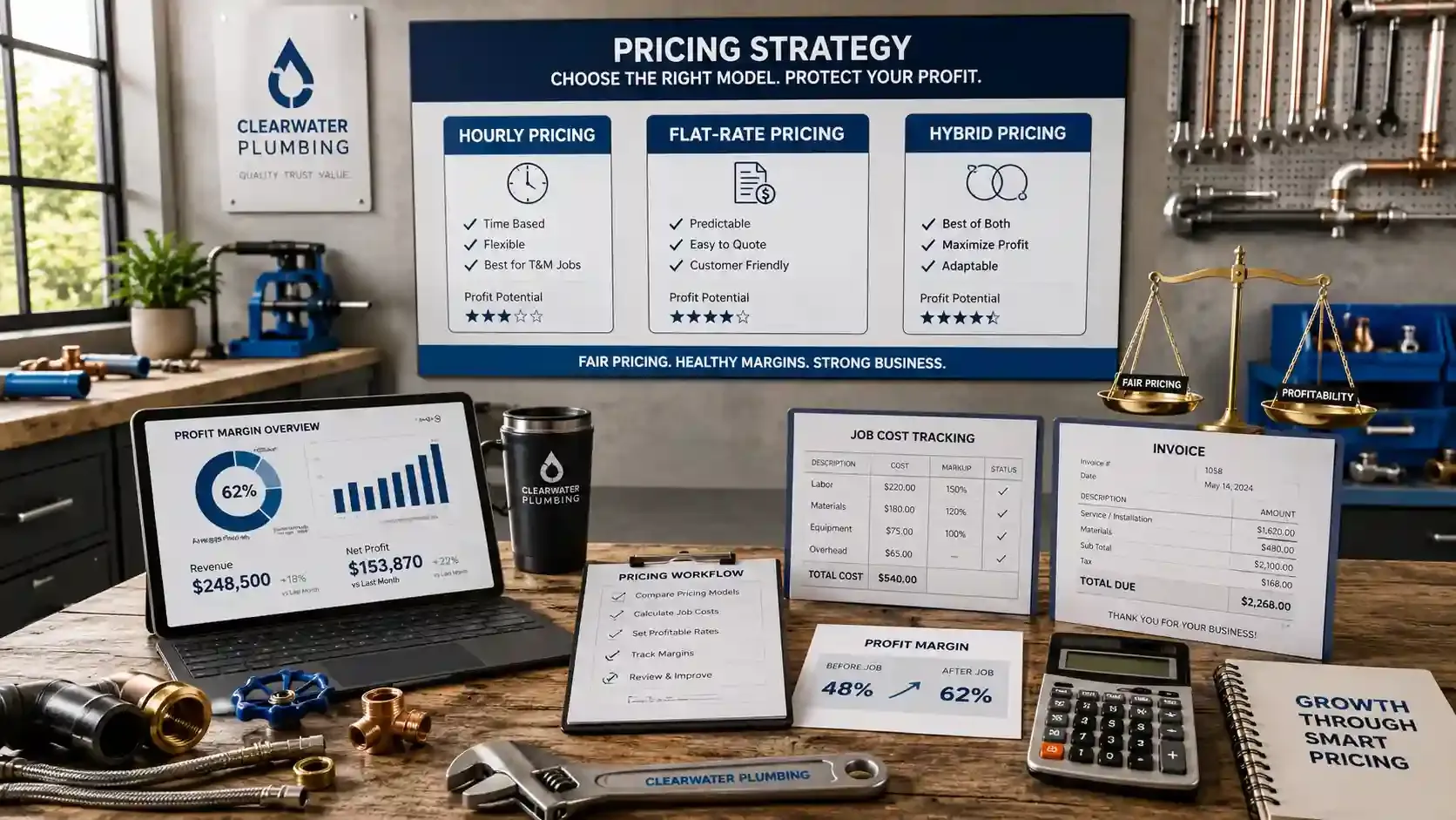 Professional plumbing pricing strategy workspace with profit dashboard and pricing models