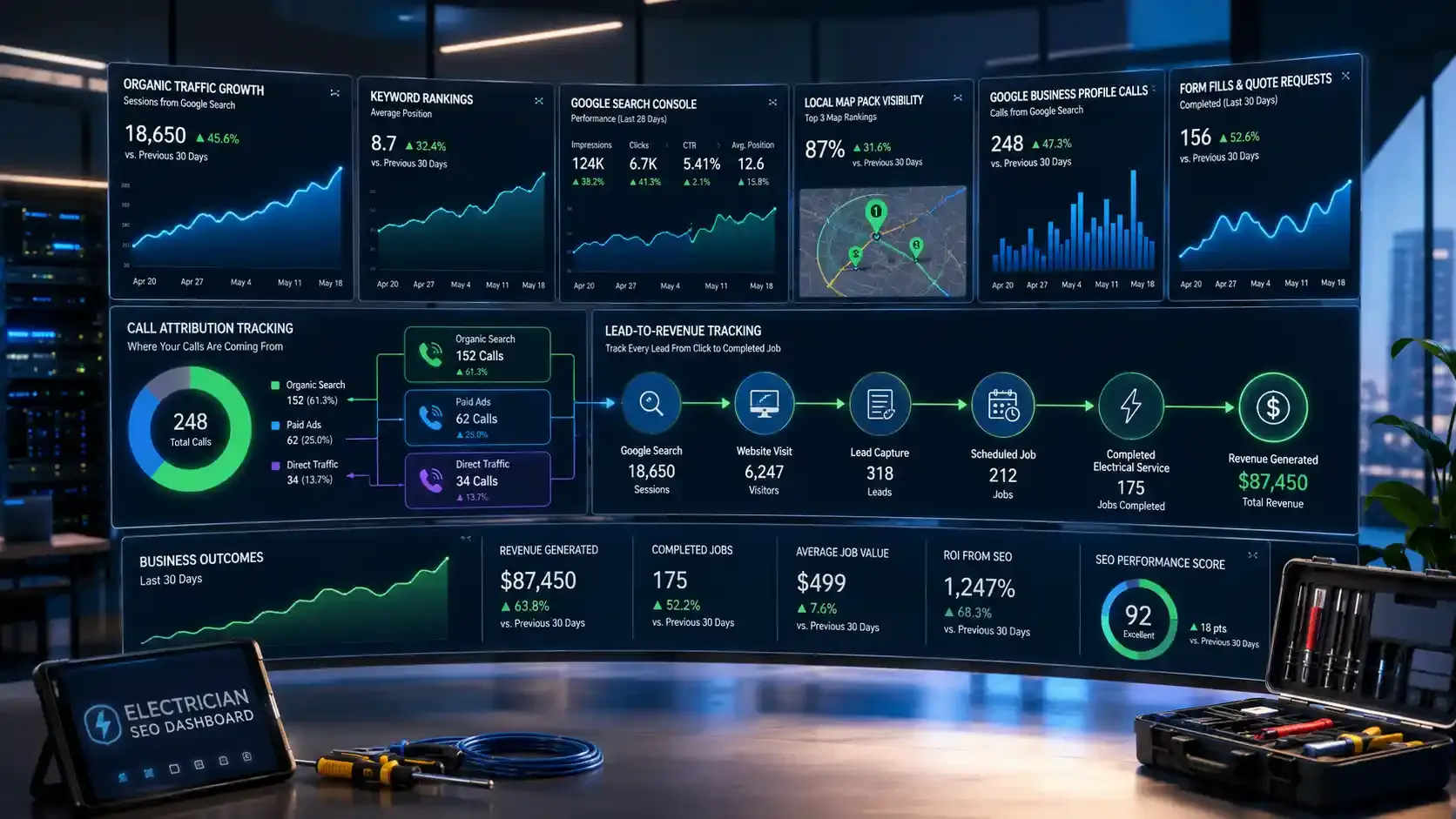 Electrician SEO dashboard tracking traffic, leads, calls, jobs, revenue.