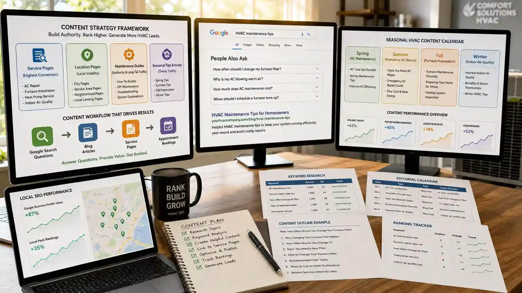 HVAC content marketing dashboard showing SEO strategy, planning, and growth workflows