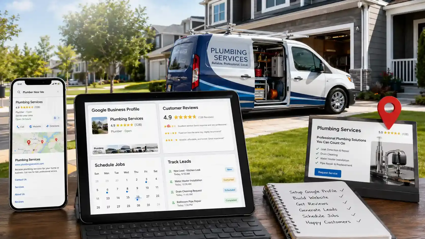 Plumbing business marketing workflow with van, reviews, and scheduling dashboard